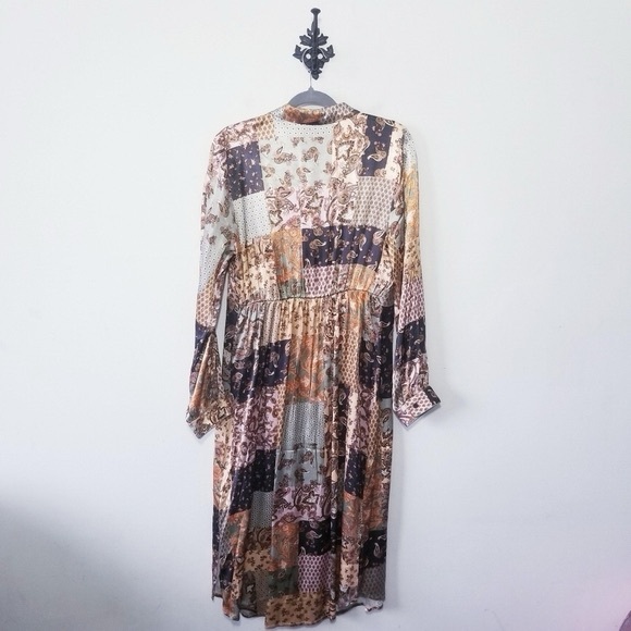 NWT Culture Patchwork Satin Dress M Long Sleeve Maxi Button Up Paisley Brocade - Picture 3 of 4